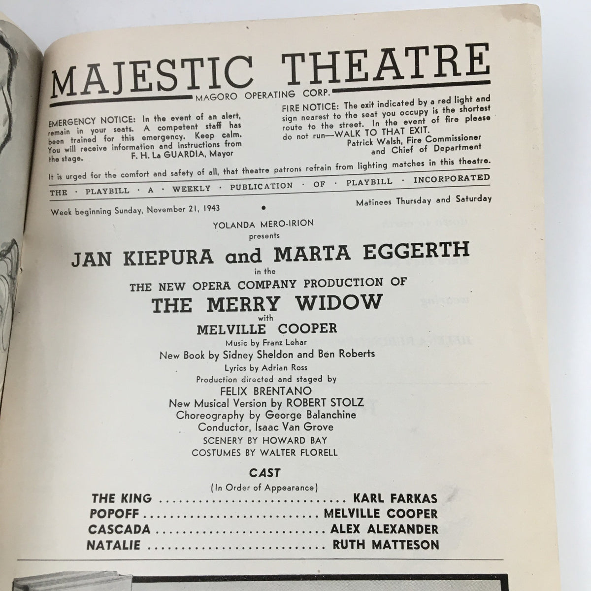 1943 Playbill Majestic Theatre featuring Jan Kiepura in The Merry Widow, showcasing cast details and production information on the cover.