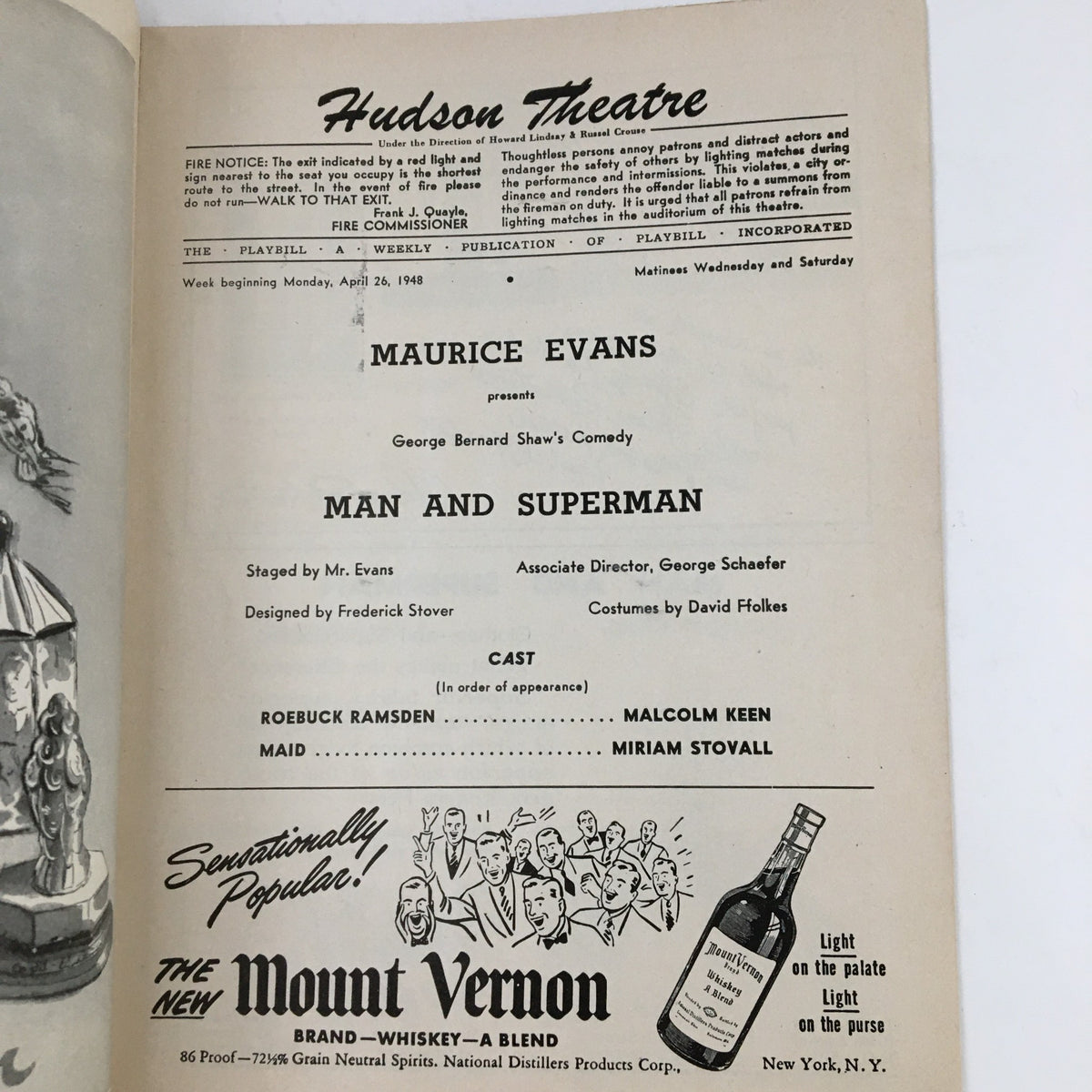 Interior page of the 1948 Playbill for 'Man and Superman' at Hudson Theatre, detailing the presentation by Maurice Evans and showcasing the cast and crew.