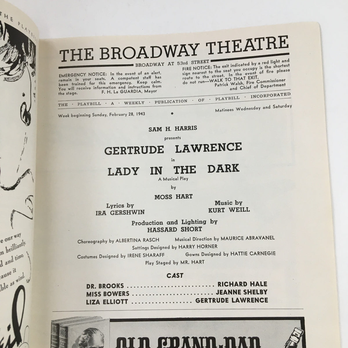 Inside page of the 1943 Playbill for 'Lady In The Dark' presented by Sam H. Harris, detailing the cast, crew, and production credits.