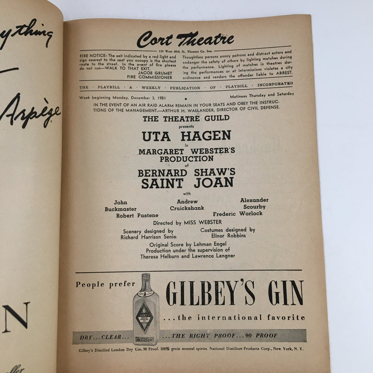 1951 Playbill Cort Theatre featuring Uta Hagen in Bernard Shaw's Saint Joan, detailing the performance and cast including John Buckmaster and Andrew Cruickshank.