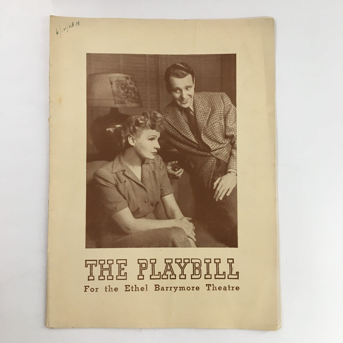 Cover of the 1943 Playbill for the Ethel Barrymore Theatre presents Tomorrow The World by James Gow, featuring two performers in a vintage setting.