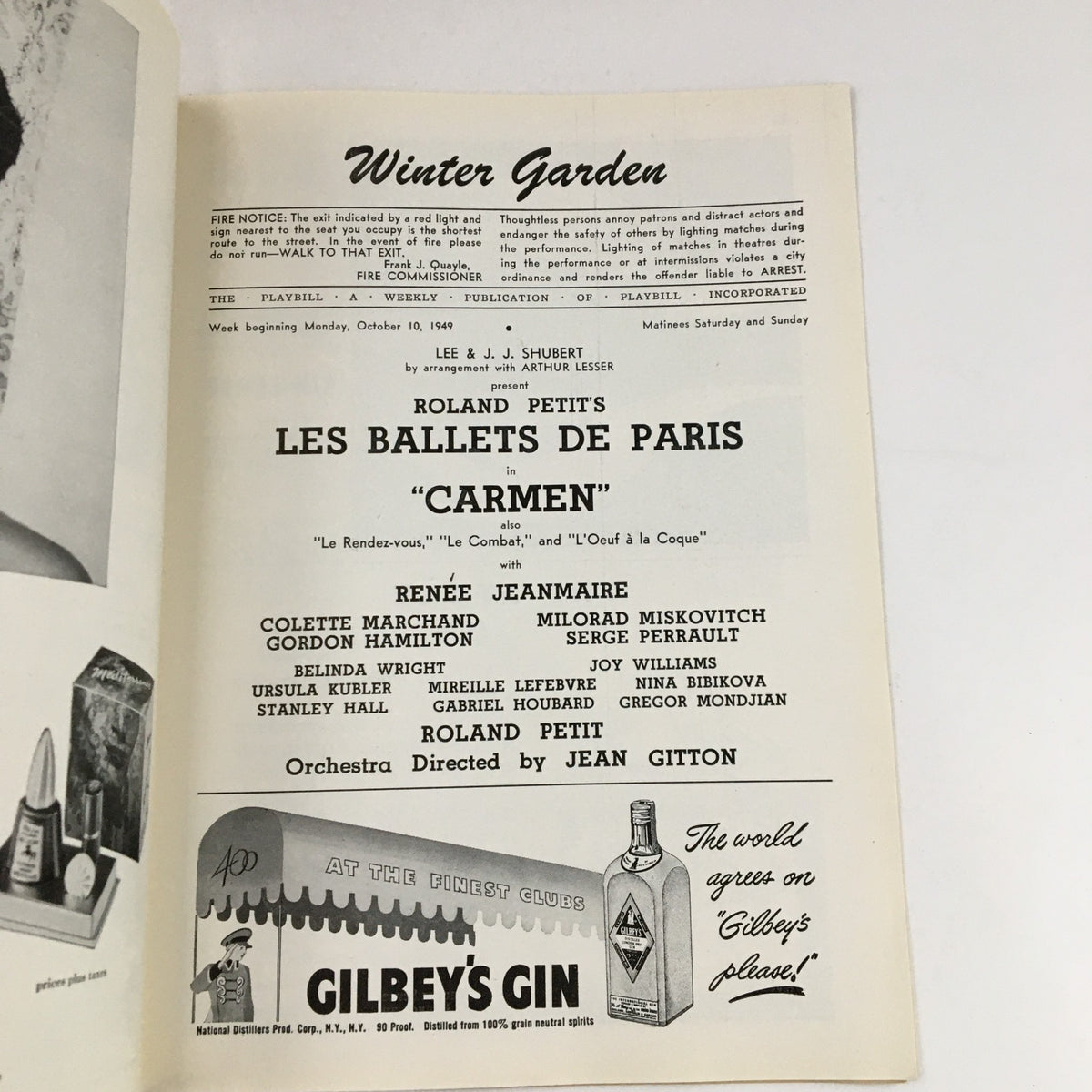 Interior page of the 1949 Playbill for Winter Garden listing performers in Roland Petit's Les Ballets De Paris in Carmen, featuring details about the ballet's cast and production.