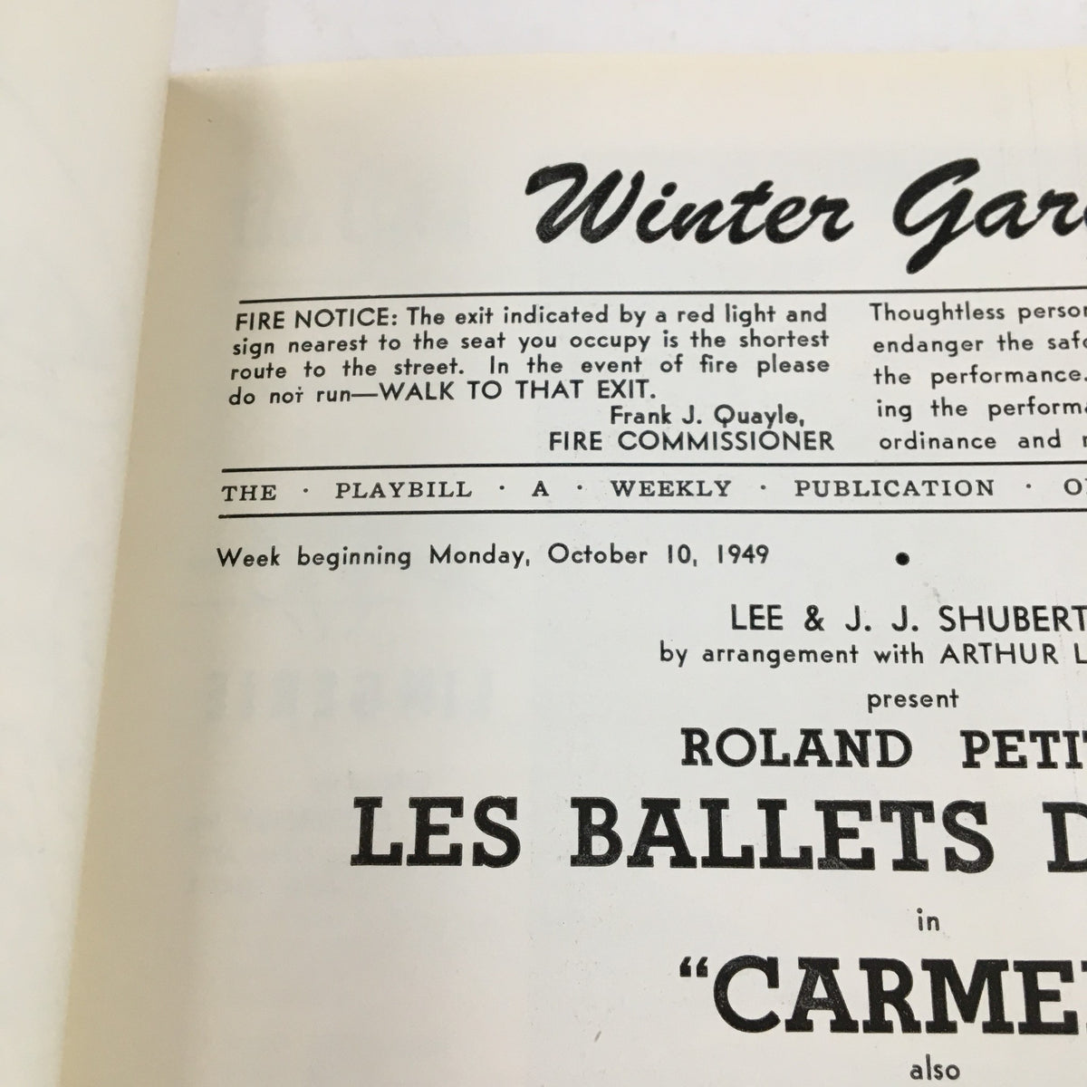 1949 Playbill for Roland Petit's Les Ballets De Paris in Carmen, featuring Winter Garden Theater information and performance details.