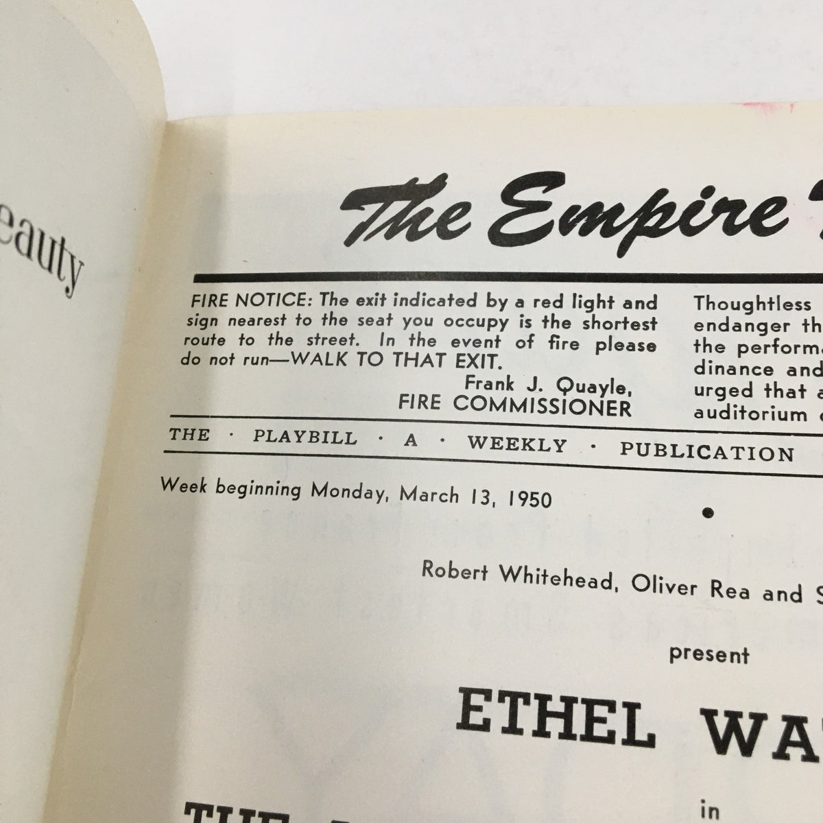 Close-up of the 1950 playbill from The Empire Theatre featuring Ethel Waters in The Member of the Wedding, showcasing performance details and a fire safety notice.