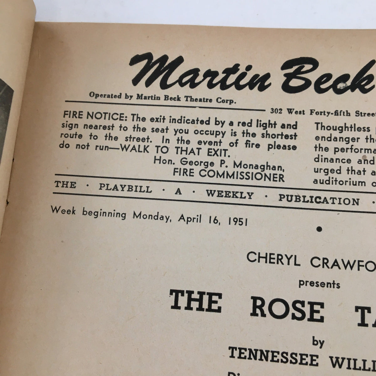 Close-up view of the 1951 Playbill for 'The Rose Tattoo' at Martin Beck Theatre, presenting Cheryl Crawford's production with additional information about the show and actors.