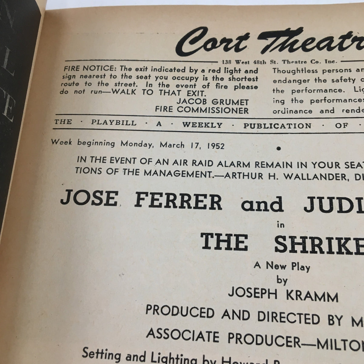 Interior page of the 1952 Playbill - The Shrike, showing cast credits and theater management details.