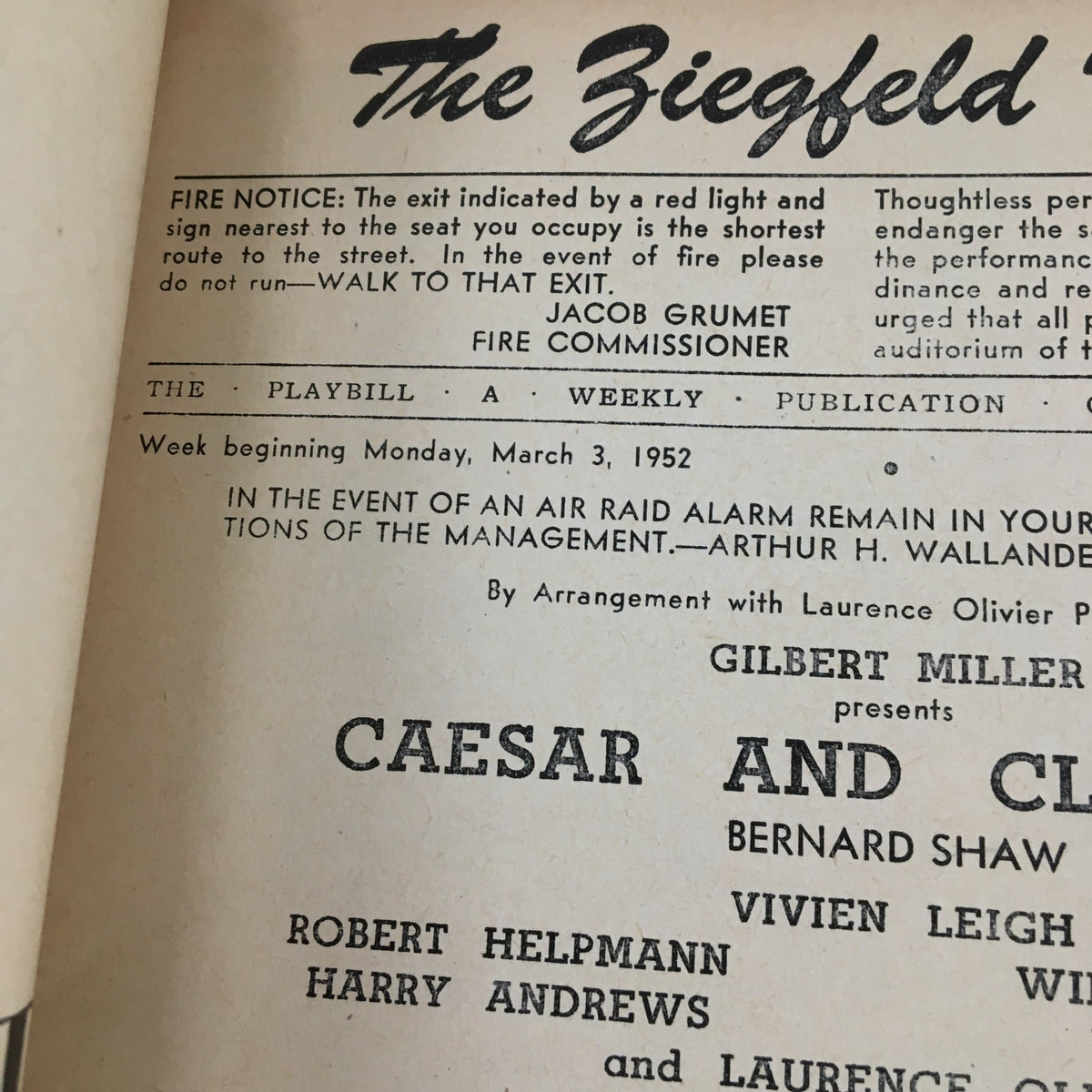 Another inside page of the 1952 Playbill for The Ziegfeld Theatre, featuring information about the production of Caesar and Cleopatra, including cast names and performance details.