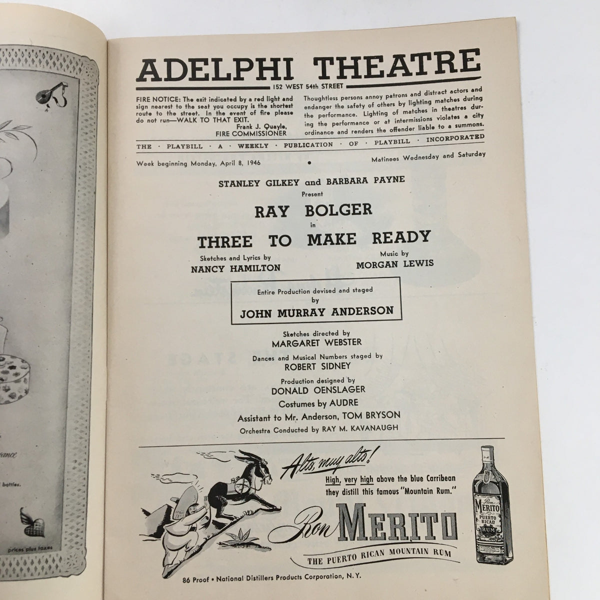 1946 Playbill Adelphi Theatre featuring Ray Bolger in 'Three To Make Ready' showcasing the title, production details, and advertisement in a vintage design.