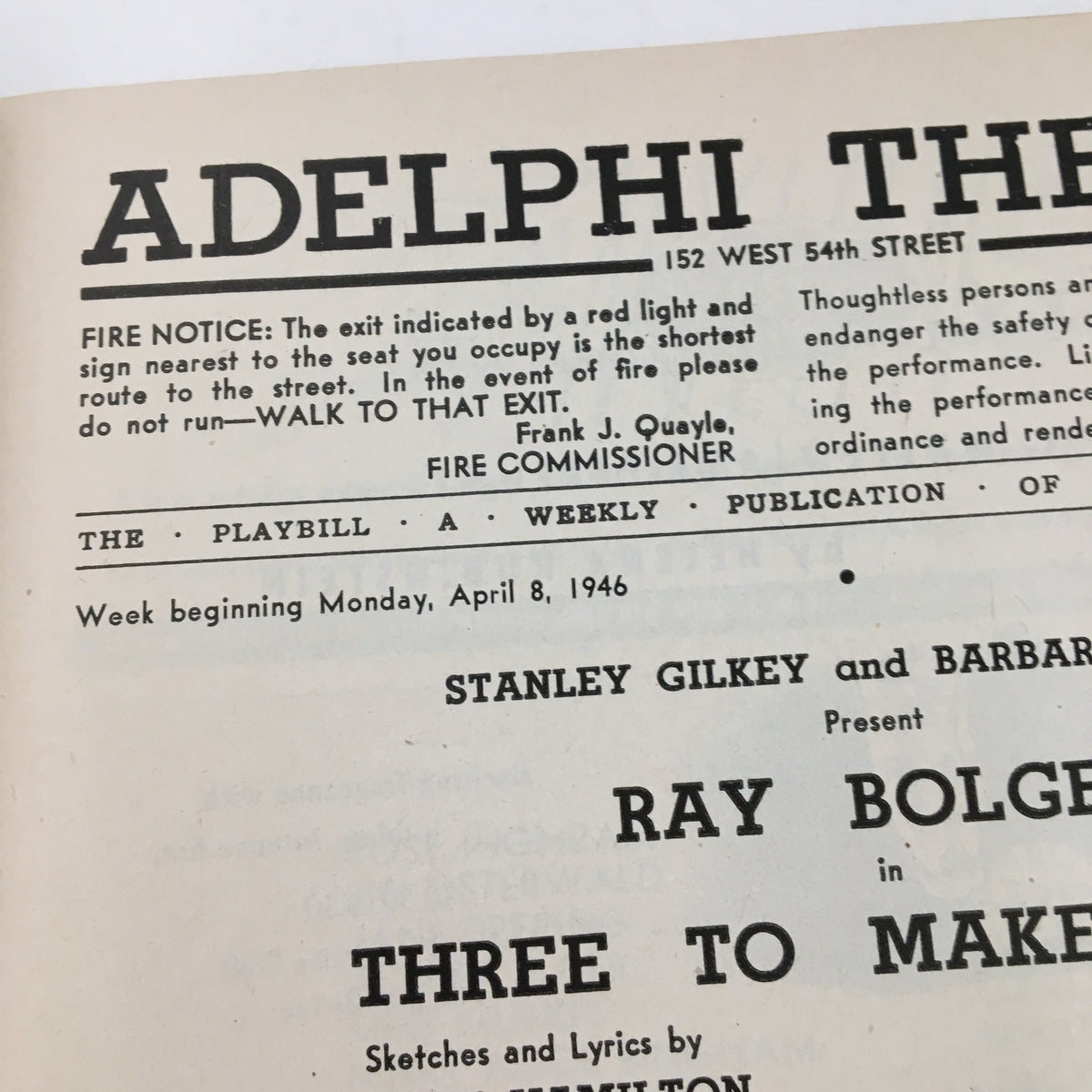 Close-up of the 1946 Playbill from Adelphi Theatre highlighting Ray Bolger in 'Three To Make Ready,' with prominent text and classic layout.