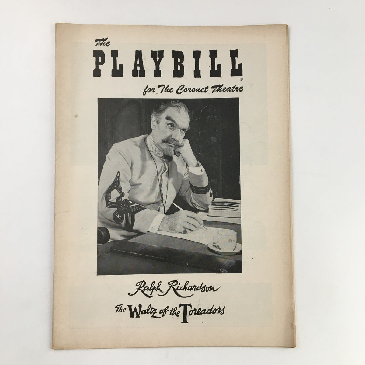 1957 Playbill Coronet Theater featuring Ralph Richardson in The Waltz of Toreadors, showcasing a vintage design with a portrait of Ralph Richardson.
