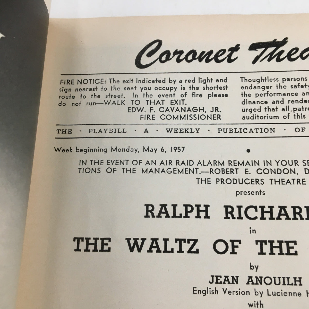 Close-up of the 1957 Playbill Coronet Theater, featuring production information for Ralph Richardson in The Waltz of Toreadors, dated May 6, 1957.