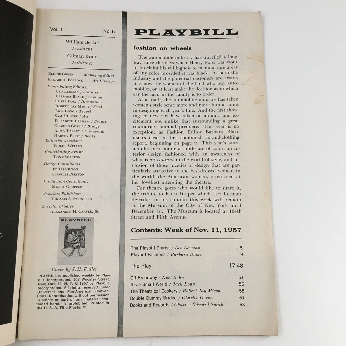 1957 Playbill from the Imperial Theatre, detailing various sections including fashion on wheels and contents for the week of November 11, featuring Lena Horne and Ricardo Montalban.