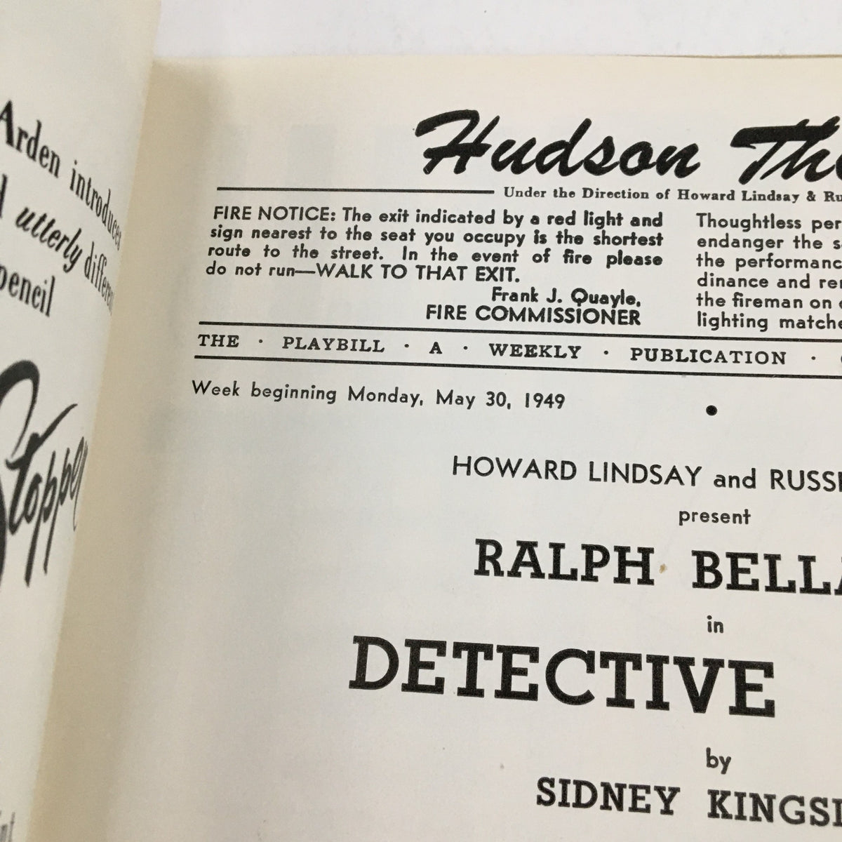 1949 Playbill from the Hudson Theatre featuring 'Detective Story' by Sidney Kingsley, with details on the performances and cast, including Ralph Bellamy. The playbill highlights the theatre's vintage design and historical significance.