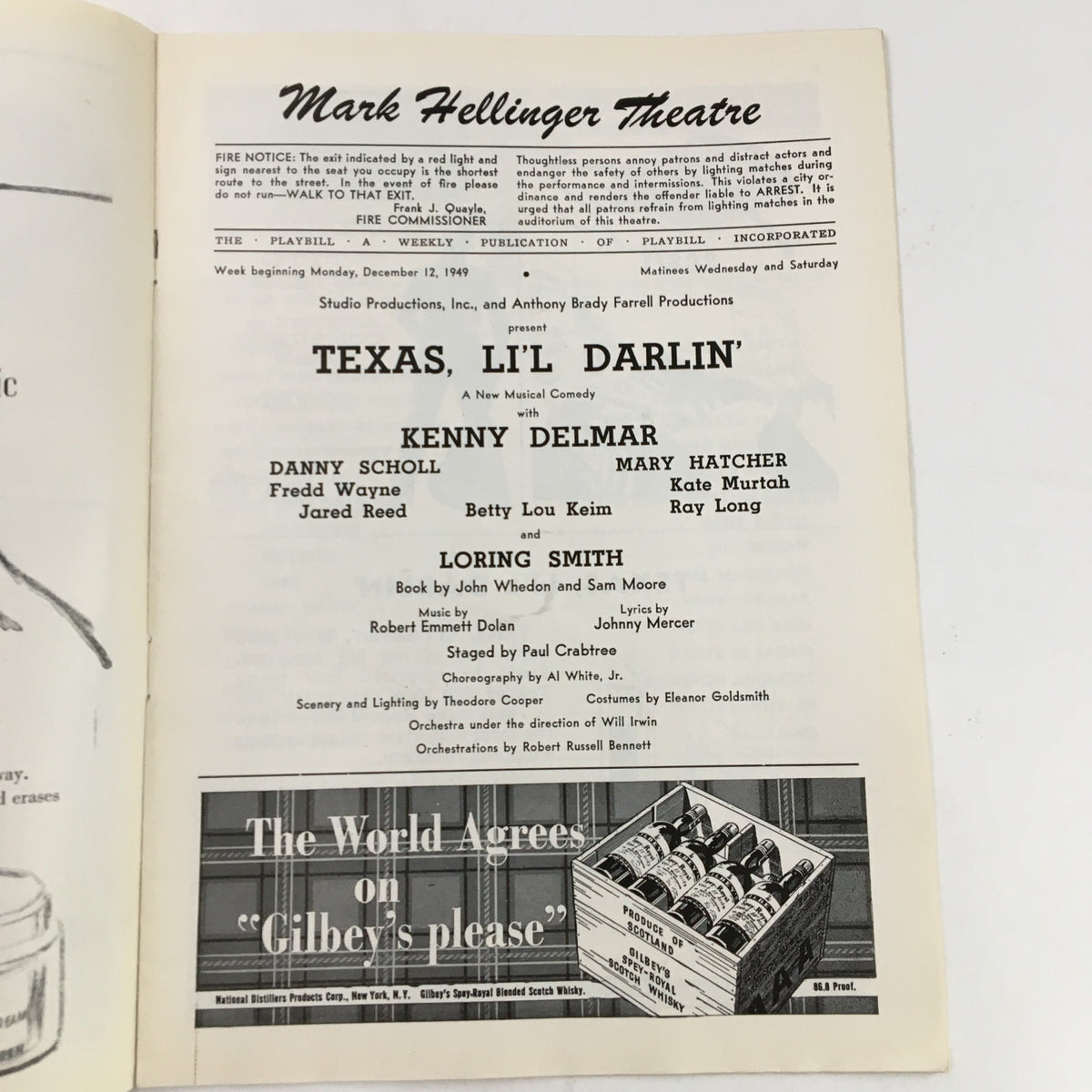 1949 Playbill for Texas, Lil' Darlin' at the Mark Hellinger Theatre featuring Kenny Delmar and cast members including Danny Scholl and Mary Hatcher.