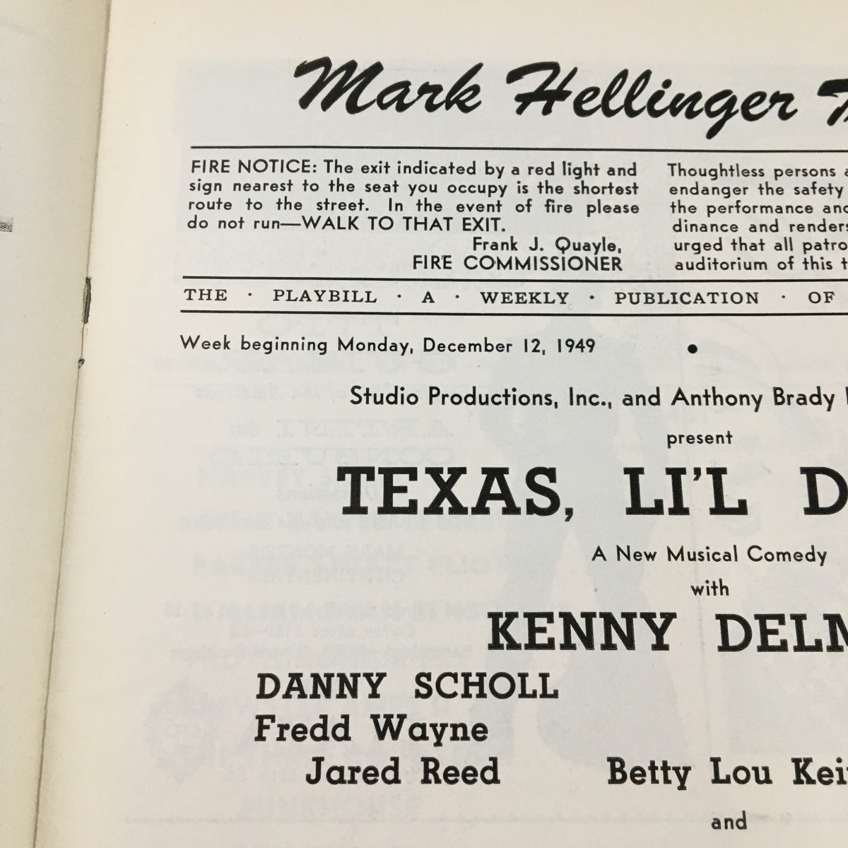 1949 Playbill from Texas, Lil' Darlin' showcasing the Mark Hellinger Theatre and the cast including Kenny Delmar, along with production details.