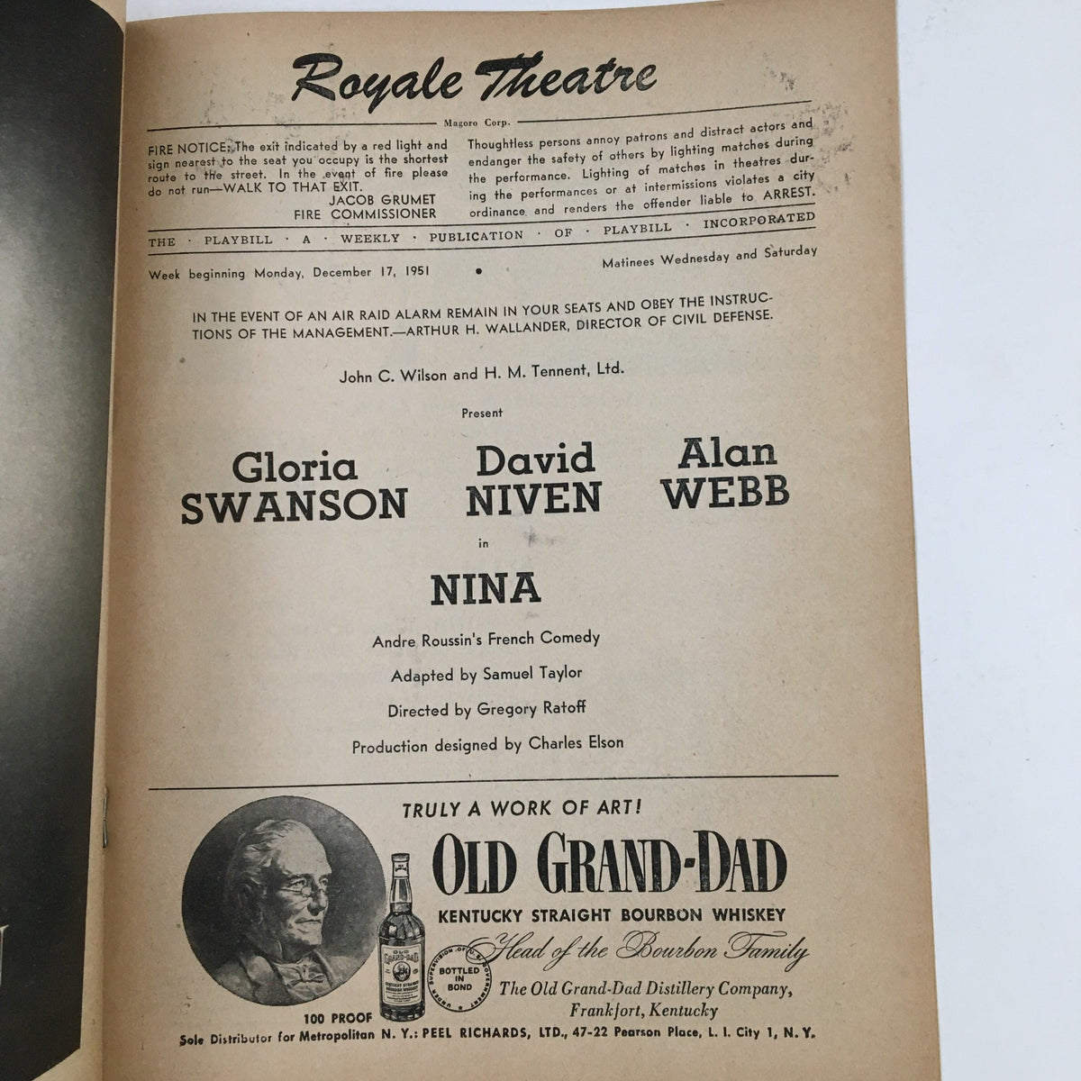 Interior page of the 1951 Playbill for the Royale Theatre listing Gloria Swanson, David Niven, and Alan Webb for the production of 'Nina'.