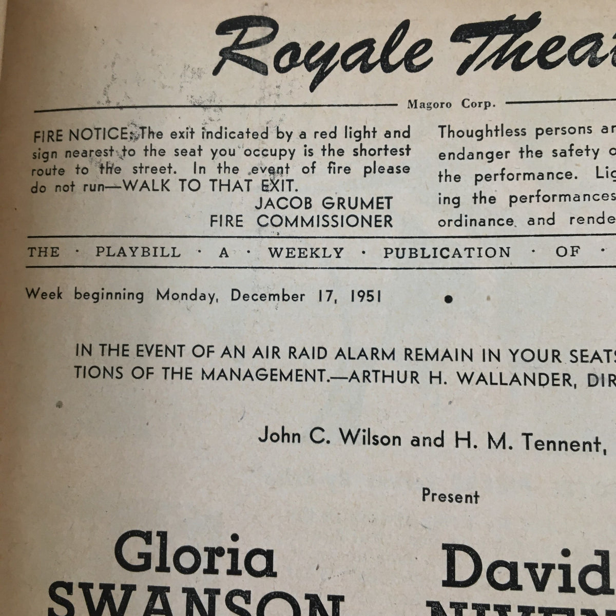 Another interior view of the 1951 Playbill for the Royale Theatre, detailing artists and production information for 'Nina' featuring Gloria Swanson.