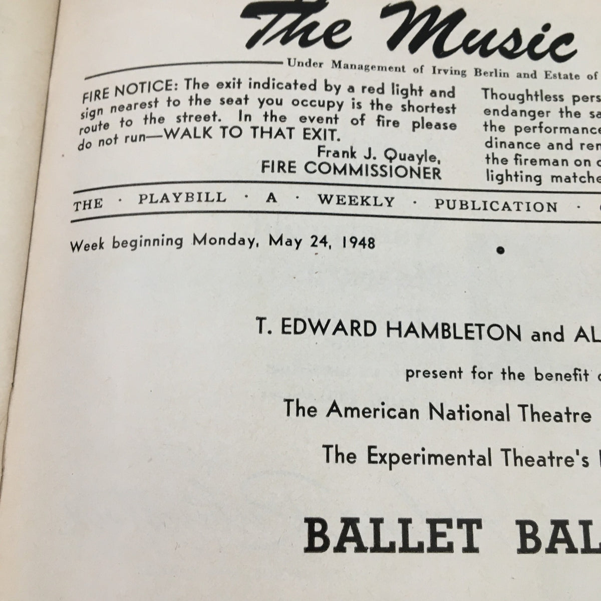 Cover page of the 1948 Playbill for The Music Box presentation of Ballet Ballads by T. Edward Hambleton, featuring details on schedule and fire safety notice.
