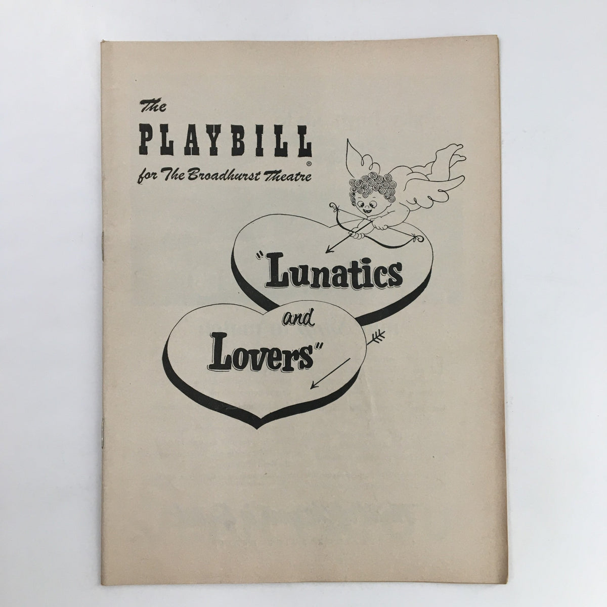 1954 Playbill for The Broadhurst Theatre presenting 'Lunatics and Lovers' by Mr. Kingsley, featuring a whimsical design with a cherub and hearts.