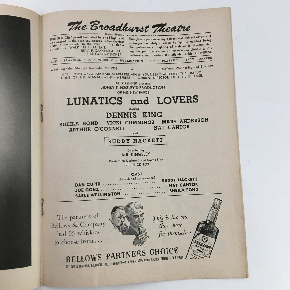 Interior page of the 1954 Playbill for The Broadhurst Theatre's production of 'Lunatics and Lovers', detailing the cast including Dennis King and Buddy Hackett.