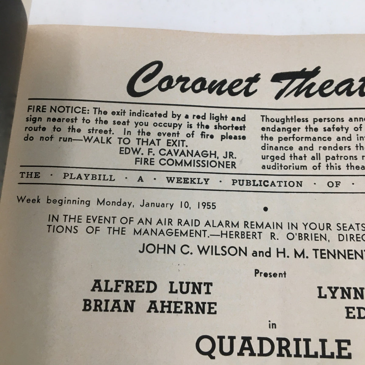 Original 1955 Playbill from the Coronet Theater presenting Alfred Lunt in Quadrille, showcasing the play's details and cast information including Alfred Lunt and Brian Aherne.