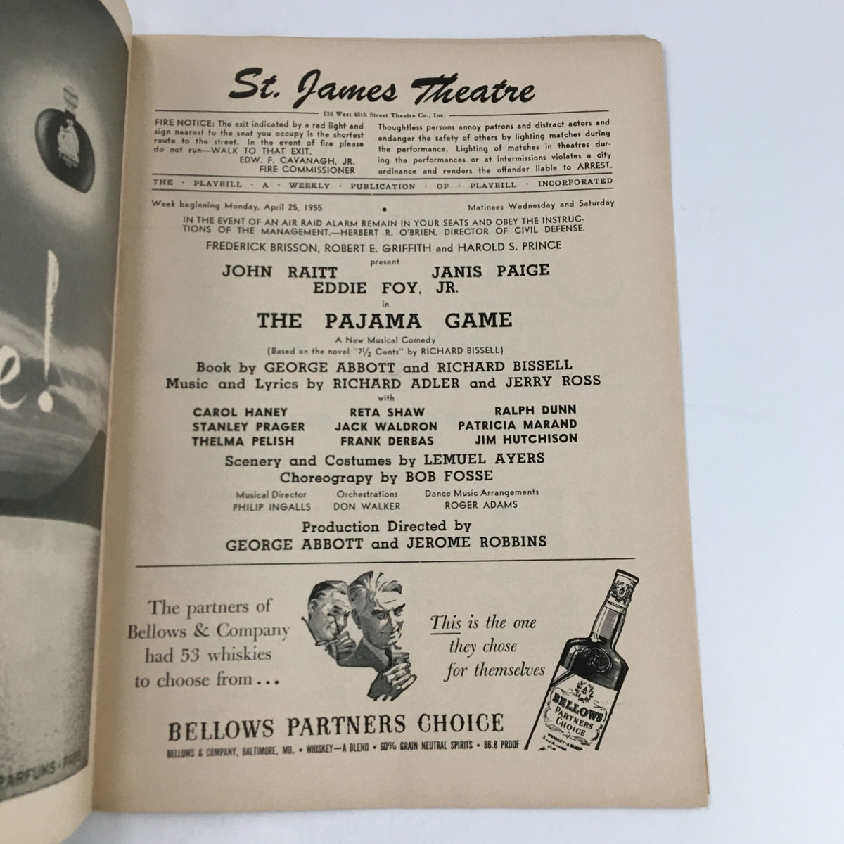 Inside page of the 1955 Playbill for The Pajama Game, listing the cast and production details, including Eddie Foy Jr. and the musical's credits at St. James Theatre.