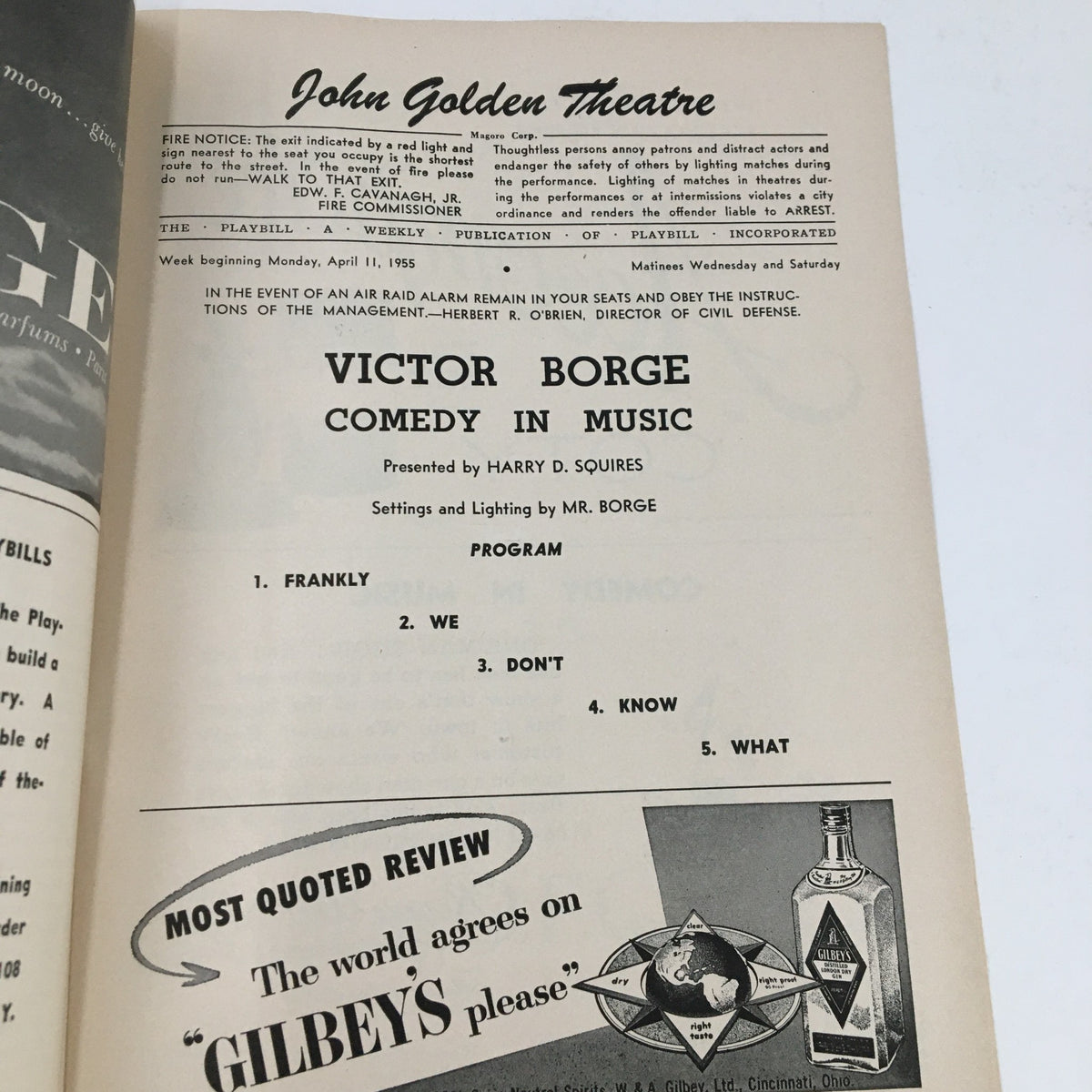 Inside view of the 1955 Playbill for Victor Borge's 'Comedy In Music' at the John Golden Theatre, detailing the program and credits.