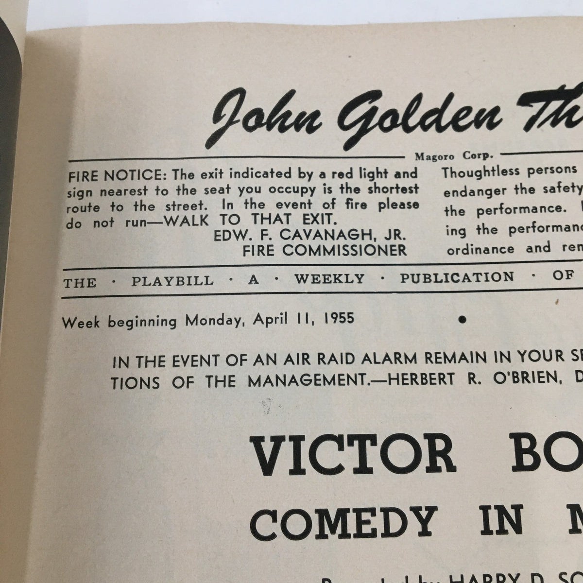 Another inside view of the 1955 Playbill for 'Comedy In Music' by Victor Borge, with fire safety information and performance details.