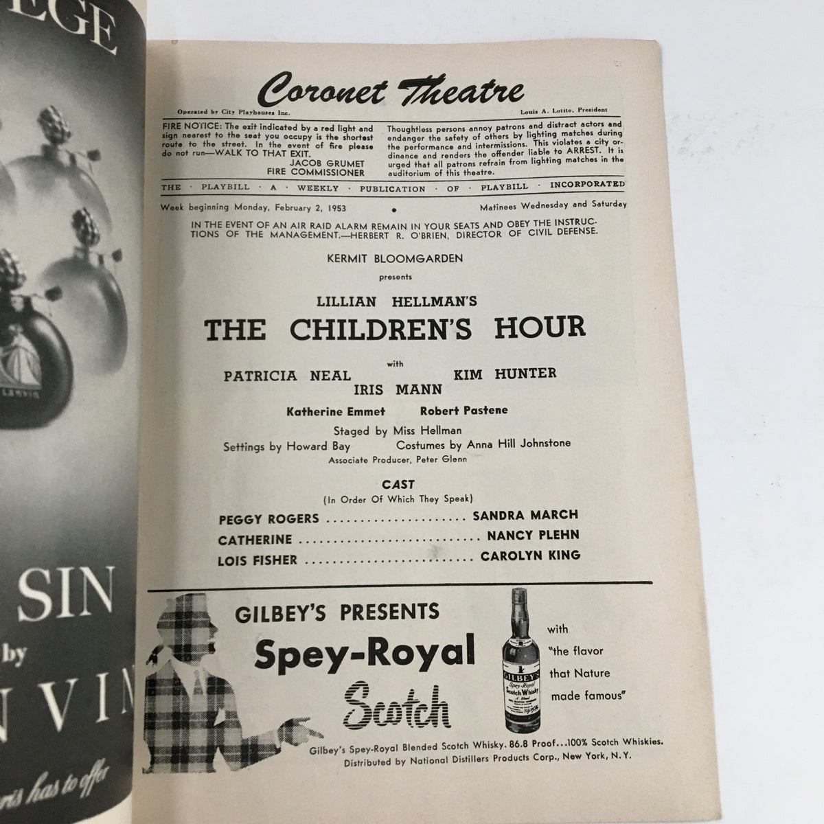 1953 Playbill from Coronet Theatre featuring Lillian Hellman's The Children's Hour, showcasing cast details and production credits.
