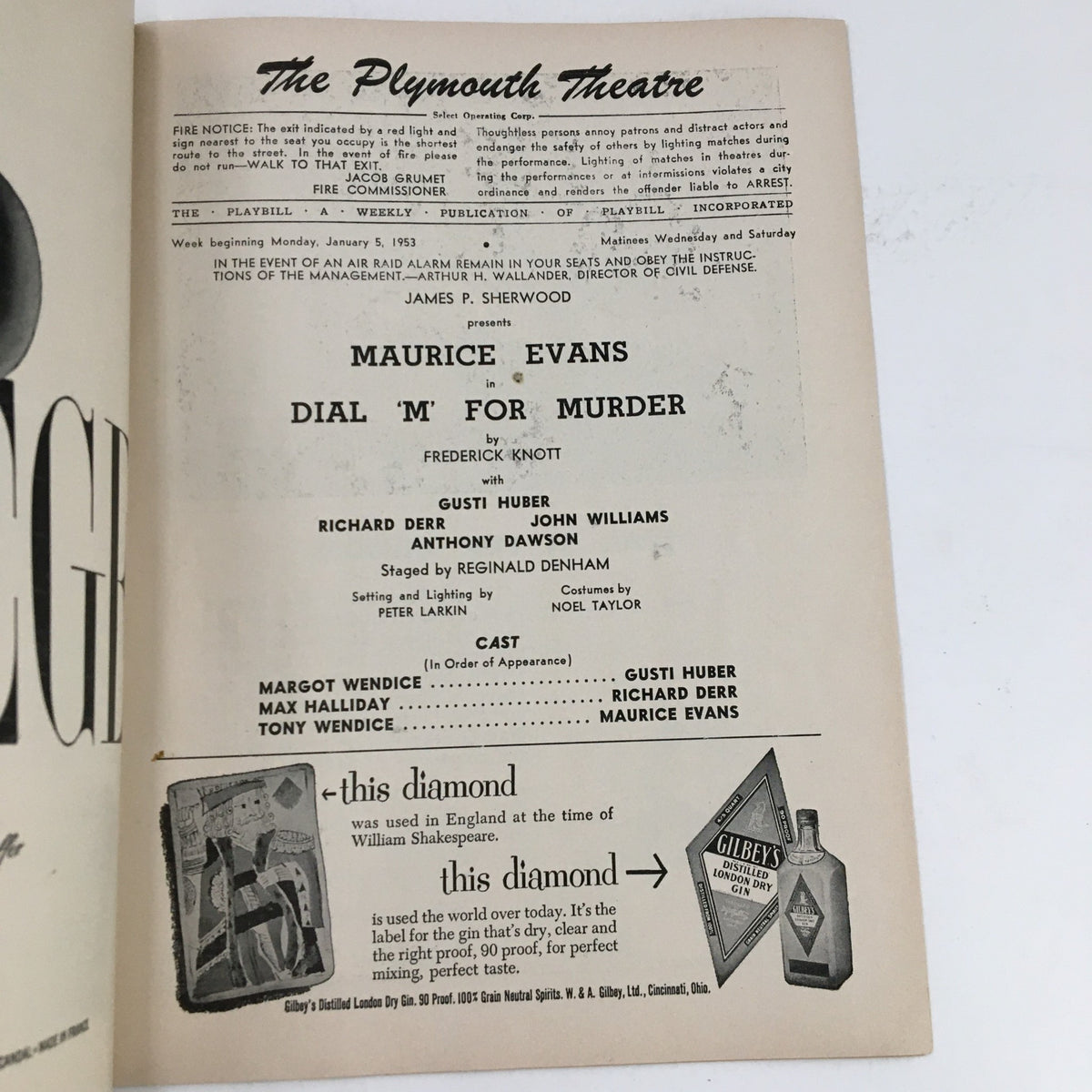 1953 Playbill for Dial M For Murder at the Plymouth Theatre featuring Maurice Evans. Includes performance details, cast list, and historical context.