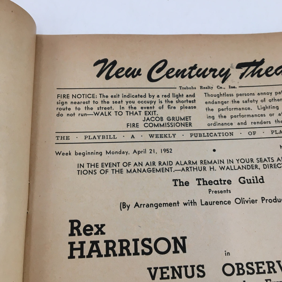 1952 Playbill from the New Century Theatre featuring Rex Harrison and Lili Palmer in the play Venus Observed, highlighting theatrical details and vintage design.