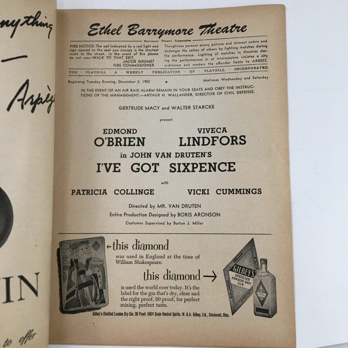 Inside page of the 1952 Playbill for 'I've Got Sixpence', listing cast and production details at the Ethel Barrymore Theatre.