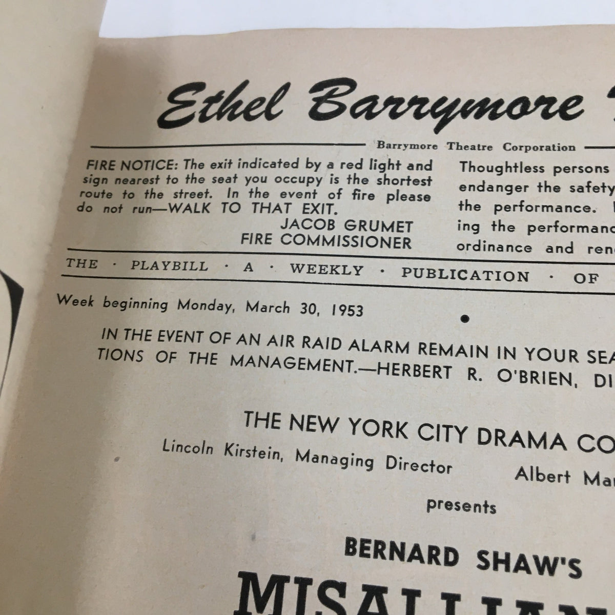 Another view inside the 1953 Playbill from Ethel Barrymore Theatre highlighting the production details for Misalliance.