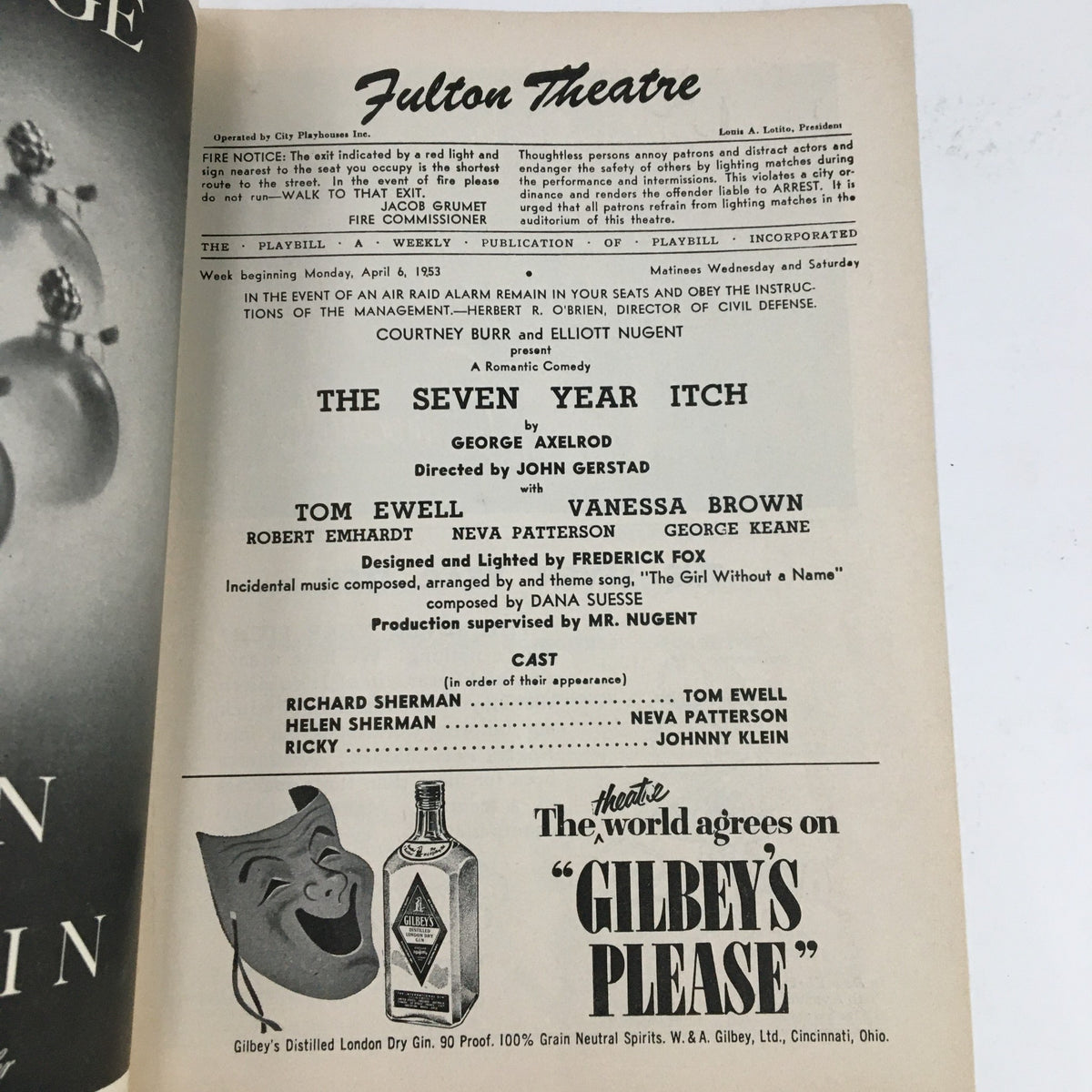 Interior page of the 1953 Playbill for The Seven Year Itch at the Fulton Theatre, showcasing the cast details and creative team, a valuable piece of Broadway history.