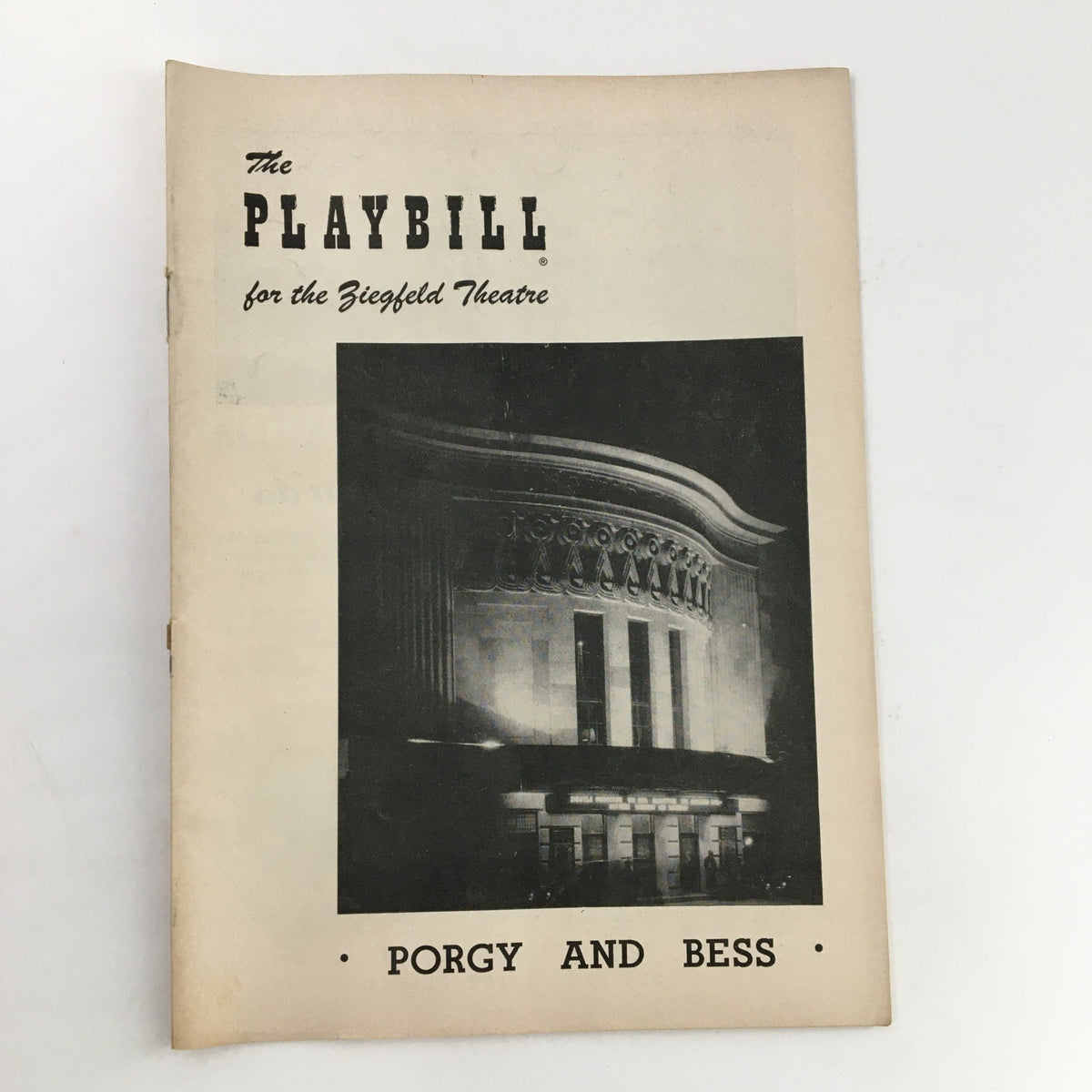 1953 Playbill for Porgy and Bess at the Fiegfeld Theatre, showcasing a historic black and white image of the theatre's exterior.