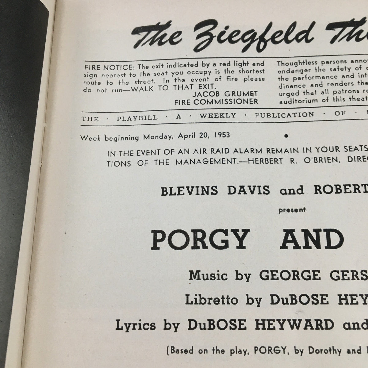 Close-up of the 1953 Playbill for Porgy and Bess at the Fiegfeld Theatre, highlighting the title and production information.