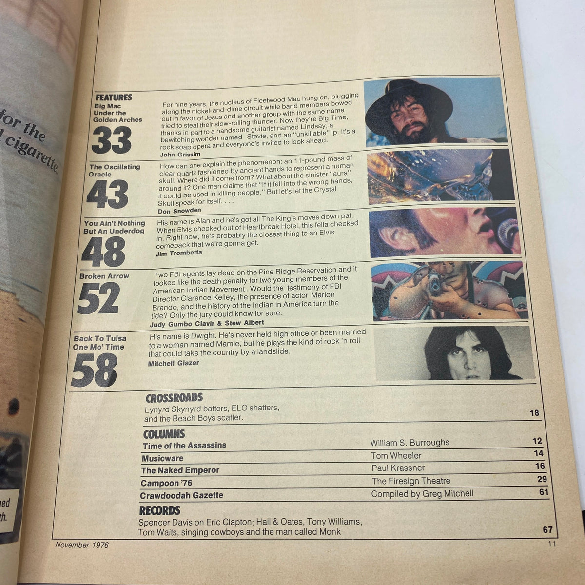 Interior page of VTG Crawdaddy Magazine November 1976 showcasing the table of contents with features including 'Big Mac Under the Golden Arches'.