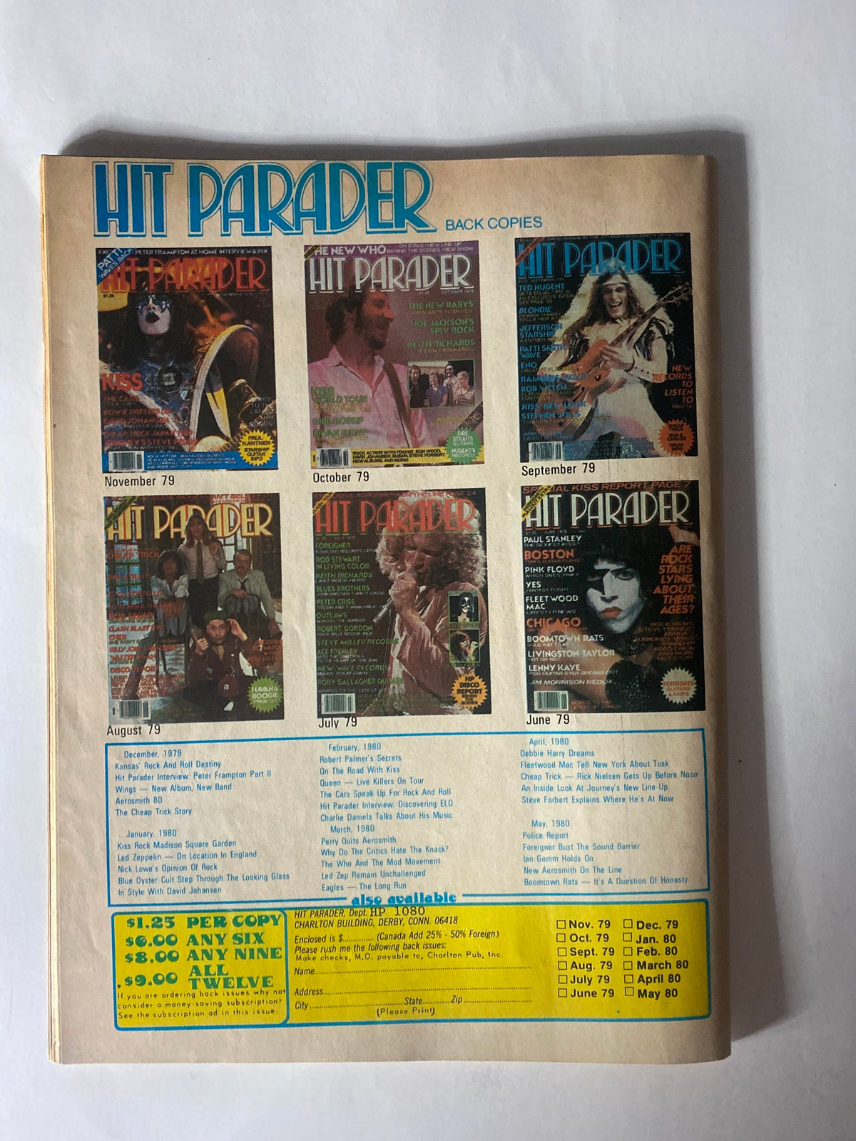 Back cover of the Vintage Hit Parader Magazine October 1980 showcasing previous issues and pricing information, providing a glimpse into the magazine's historic era.