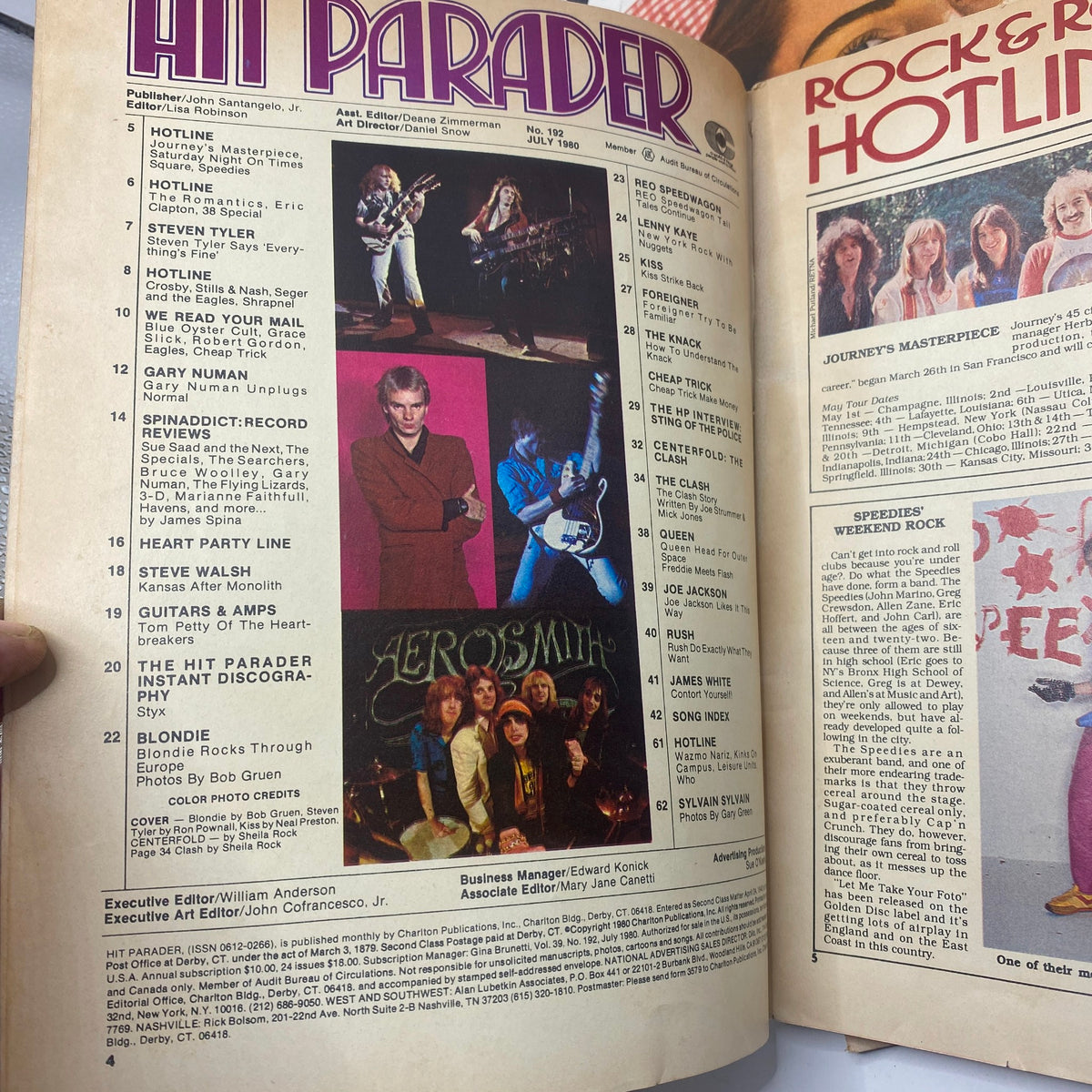 Inside page of VTG Hit Parader Magazine July 1980, displaying band features including Aerosmith and Blondie, highlighting prominent articles of the music era.
