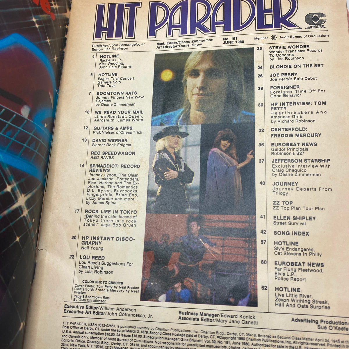 Inside page of VTG Hit Parader Magazine June 1980 showcasing index and content details including features on Tom Petty and Freddie Mercury.