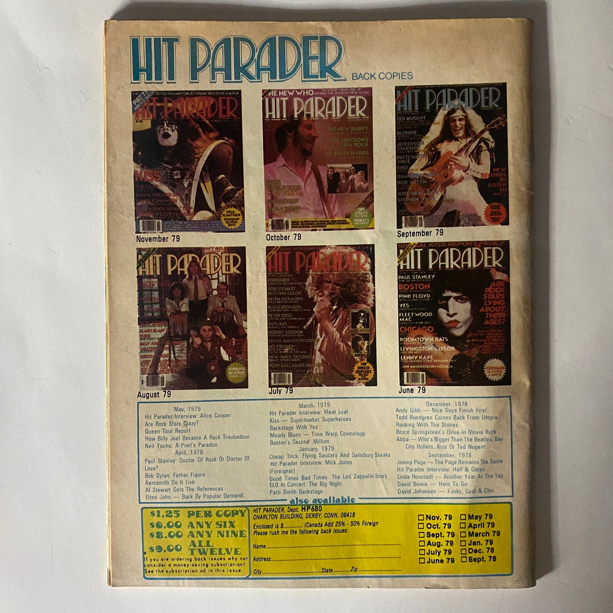 Back cover of VTG Hit Parader Magazine June 1980 displaying previous issues and subscription information.