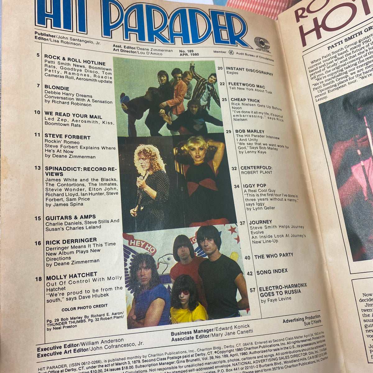 Inside page of VTG Hit Parader Magazine April 1980 showcasing articles including Bob Marley, with a visual layout of featured artists and topics.