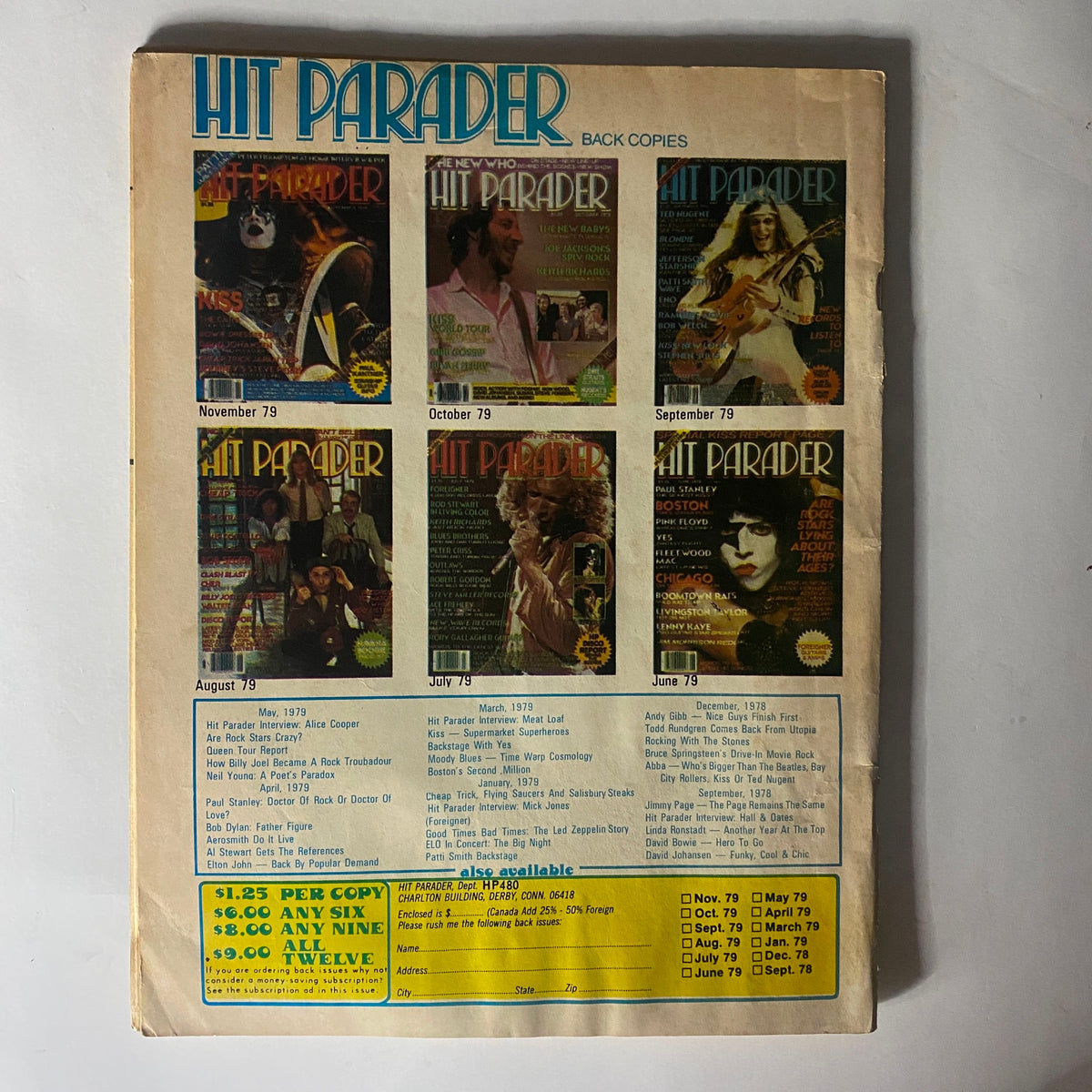 Back cover of VTG Hit Parader Magazine April 1980 featuring an advertisement for past editions, displaying a collection of other magazine covers.