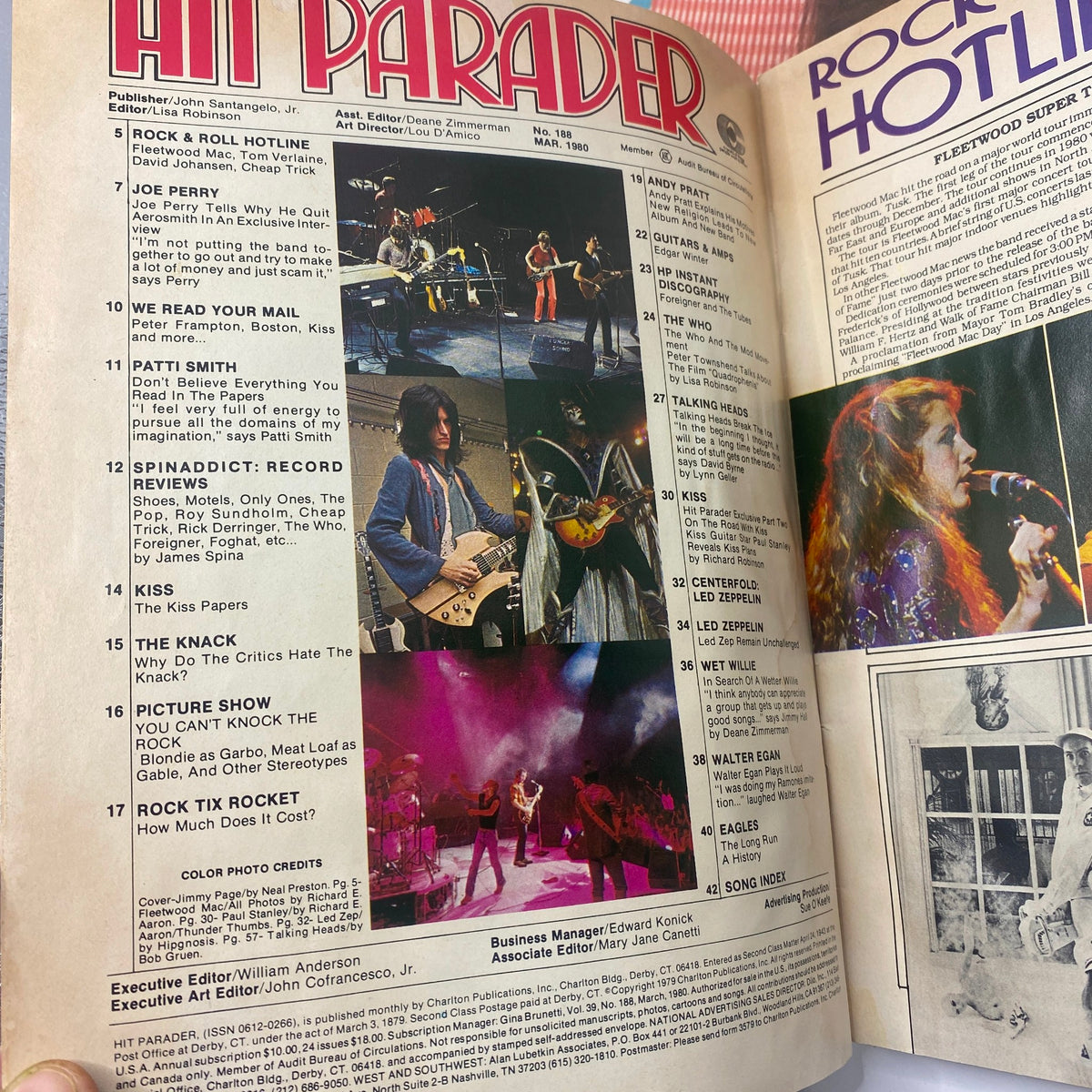 Inside spread of the March 1980 Hit Parader Magazine, includes articles about Joe Perry, Fleetwood Mac, and notable musical performances.