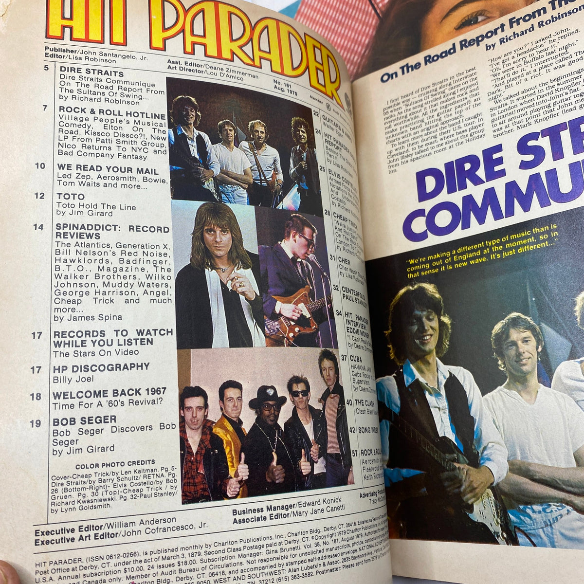Inside pages of VTG Hit Parader Magazine August 1979 featuring Cheap Trick and Dire Straits. Includes concert photos, articles, and music charts.