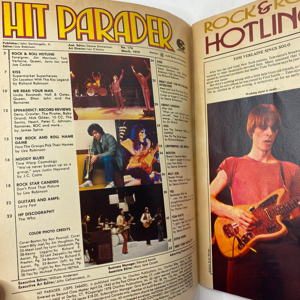Inside spread of VTG Hit Parader Magazine March 1979, displaying articles and photographs of rock legends, including Bill Joel and insightful reviews.