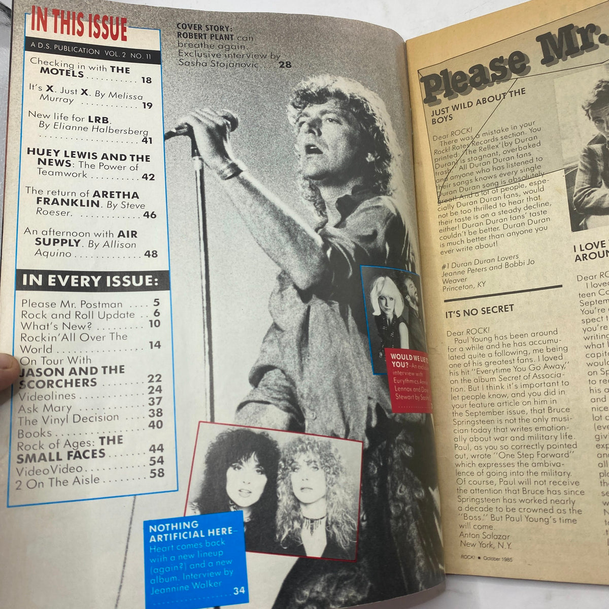 Inside page of VTG Tiger Beats Rock Magazine October 1985 showcasing a performance by Robert Plant and details of articles featured in this collectible issue.