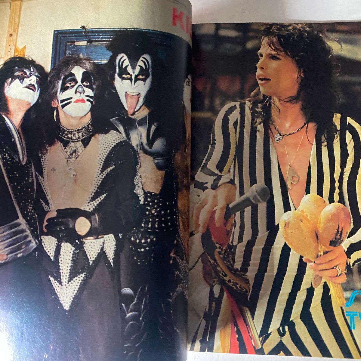 VTG Rock Magazine January 1978 featuring KISS members in makeup alongside Steve Tyler in a striped outfit, capturing rock music's vibrant culture.