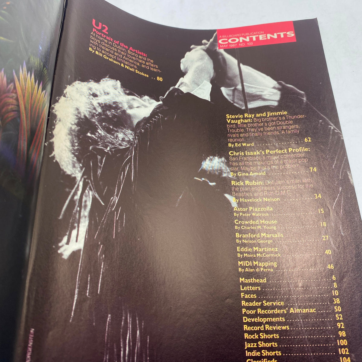 Contents page of Vintage Musician Magazine May 1987 highlighting features on U2, Stevie Ray Vaughan, Jimmie Vaughan, and other artists.
