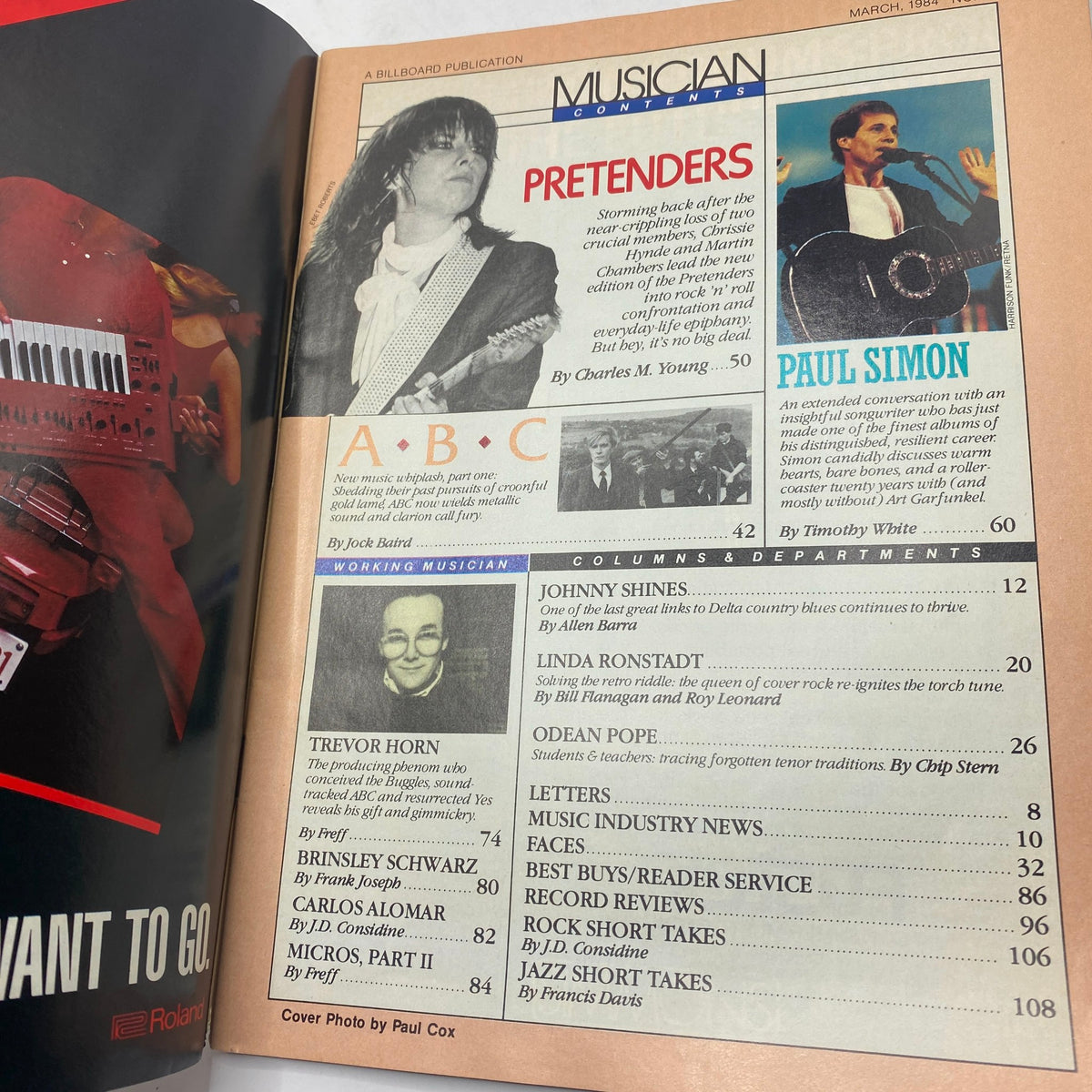 Contents page of the VTG Musician Magazine March 1984, detailing features on Chrissie Hynde, Paul Simon, and other noteworthy artists of the time.